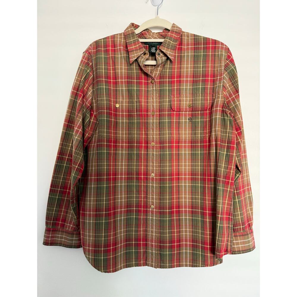 Lauren Ralph Lauren Women's‎ Large Fall Plaid Gold Snap Up Long Sleeve Shirt.